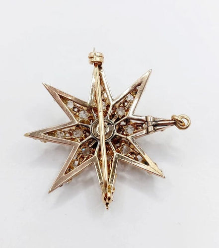 Pendentif Pendentif broche étoile ancienne en or 14K et diamants taille ancienne 58 Facettes A06490