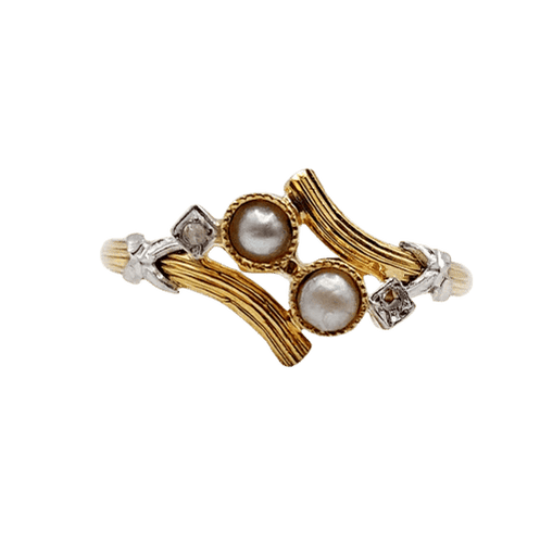 Bague 57.5 Art nouveau - Bague toi et moi en or jaune 18k, perles et diamants 58 Facettes A06498
