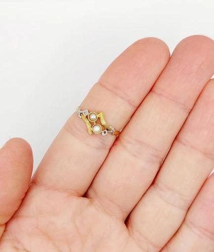 Bague 57.5 Art nouveau - Bague toi et moi en or jaune 18k, perles et diamants 58 Facettes A06498