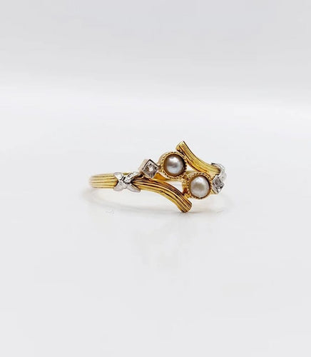 Bague 57.5 Art nouveau - Bague toi et moi en or jaune 18k, perles et diamants 58 Facettes A06498
