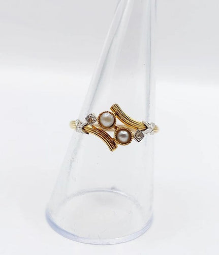 Bague 57.5 Art nouveau - Bague toi et moi en or jaune 18k, perles et diamants 58 Facettes A06498