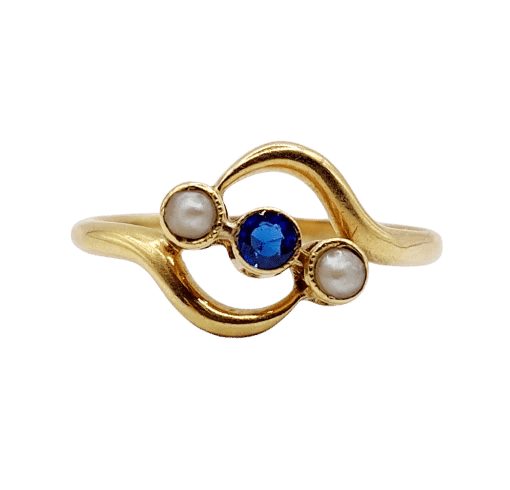 Bague 60 Bague antique en or jaune 18k avec pierre bleue et perles 58 Facettes A06502
