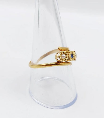 Bague 60 Bague antique en or jaune 18k à pierre bleue et perles 58 Facettes A06503