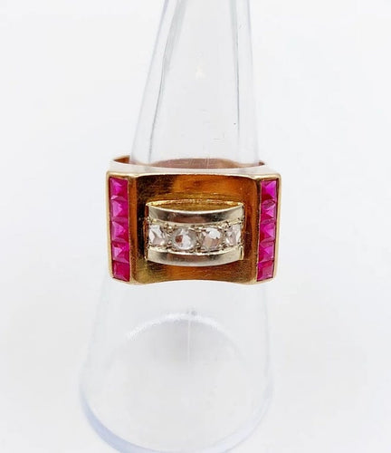 Bague 52 Bague tank Art déco en or rose 18k avec diamants et rubis synthétiques 58 Facettes A06536