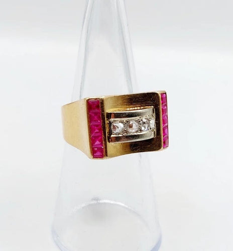 Bague 52 Bague tank Art déco en or rose 18k avec diamants et rubis synthétiques 58 Facettes A06536