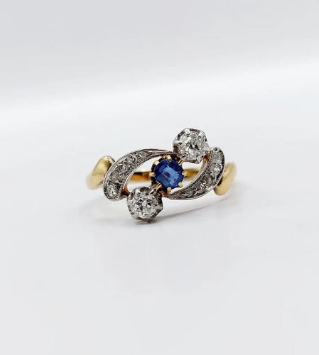 Bague 56 Bague antique en or 18k et platine avec saphir et diamants 58 Facettes A06535
