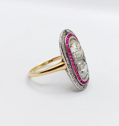 Bague 57 Bague marquise Art déco en or 18k et platine, diamants et rubis 58 Facettes A06578