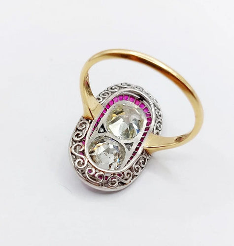 Bague 57 Bague marquise Art déco en or 18k et platine, diamants et rubis 58 Facettes A06578