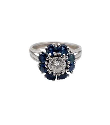 Bague 52 Bague marguerite Art déco en platine avec diamant 0,65 ct et saphirs 58 Facettes A06577