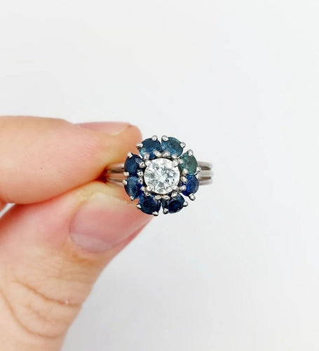 Bague 52 Bague marguerite Art déco en platine avec diamant 0,65 ct et saphirs 58 Facettes A06577