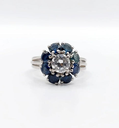 Bague 52 Bague marguerite Art déco en platine avec diamant 0,65 ct et saphirs 58 Facettes A06577