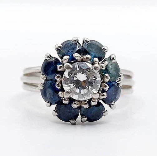 Bague 52 Bague marguerite Art déco en platine avec diamant 0,65 ct et saphirs 58 Facettes A06577