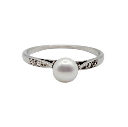 Bague 54.5 Bague Art déco en or blanc 18k avec perle et diamants taille rose 58 Facettes A00847