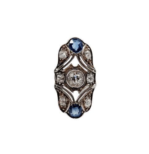 Bague 55 Bague marquise Art déco en or blanc 14k, diamants et saphirs 58 Facettes A06615