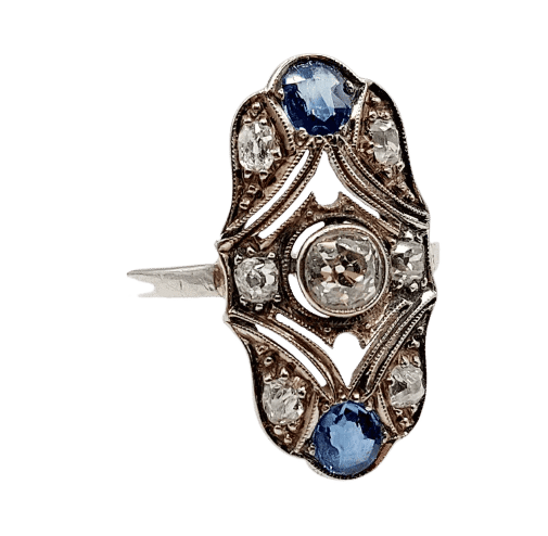 Bague 55 Bague marquise Art déco en or blanc 14k, diamants et saphirs 58 Facettes A06615