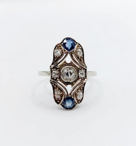 Bague 55 Bague marquise Art déco en or blanc 14k, diamants et saphirs 58 Facettes A06615