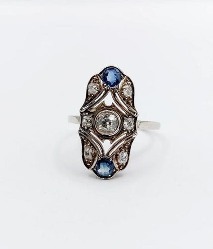Bague 55 Bague marquise Art déco en or blanc 14k, diamants et saphirs 58 Facettes A06615