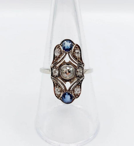 Bague 55 Bague marquise Art déco en or blanc 14k, diamants et saphirs 58 Facettes A06615