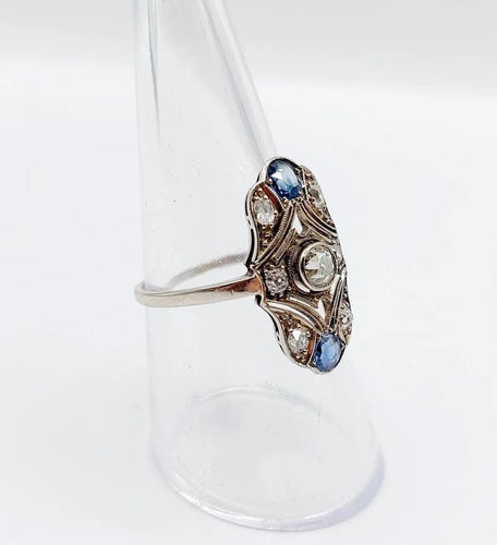 Bague 55 Bague marquise Art déco en or blanc 14k, diamants et saphirs 58 Facettes A06615