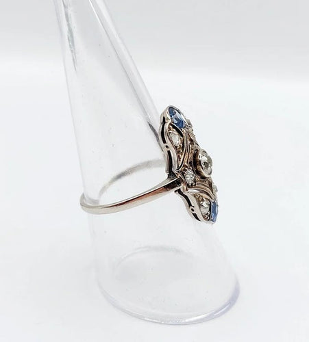 Bague 55 Bague marquise Art déco en or blanc 14k, diamants et saphirs 58 Facettes A06615