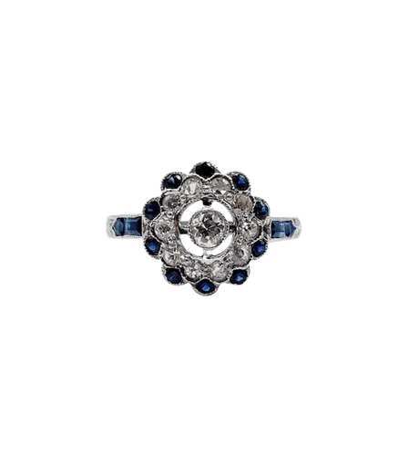 Bague 54.5 Bague fleur Art déco en or blanc 18k, diamants taille ancienne et saphirs 58 Facettes A06654