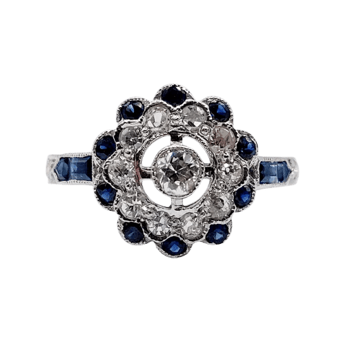 Bague 54.5 Bague fleur Art déco en or blanc 18k, diamants taille ancienne et saphirs 58 Facettes A06654