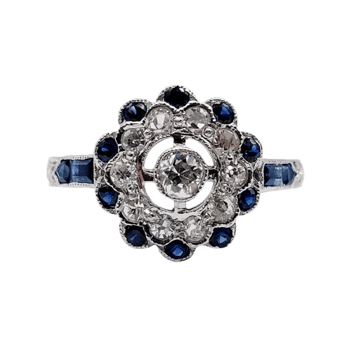 Bague 54.5 Bague fleur Art déco en or blanc 18k, diamants taille ancienne et saphirs 58 Facettes A06654