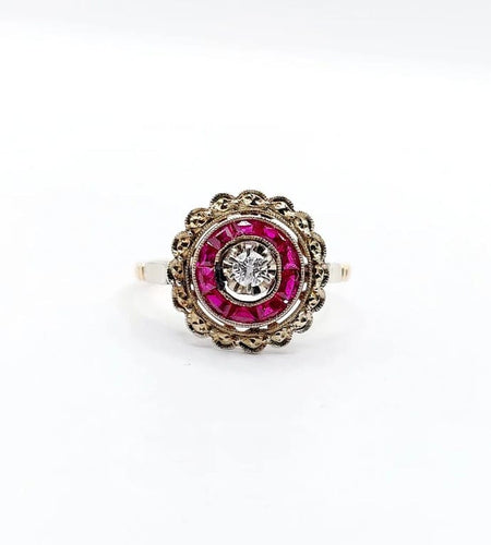 Bague 48 Bague fleur Art déco en or rose 18k avec diamant et rubis synthétiques 58 Facettes A04432