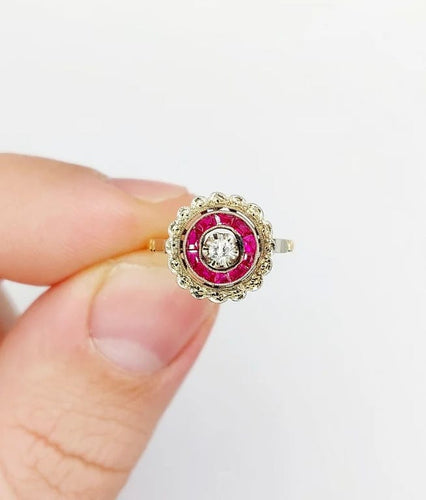 Bague 48 Bague fleur Art déco en or rose 18k avec diamant et rubis synthétiques 58 Facettes A04432