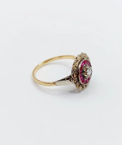 Bague 48 Bague fleur Art déco en or rose 18k avec diamant et rubis synthétiques 58 Facettes A04432