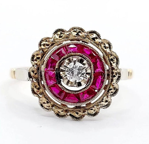 Bague 48 Bague fleur Art déco en or rose 18k avec diamant et rubis synthétiques 58 Facettes A04432