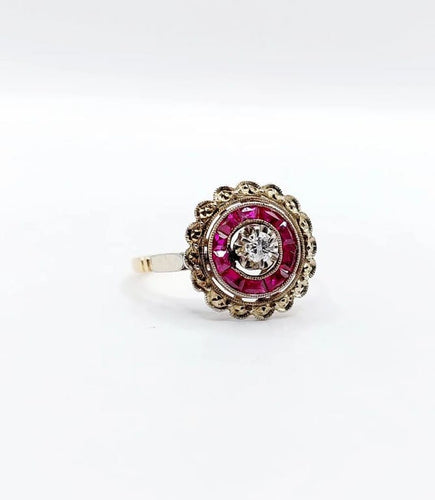 Bague 48 Bague fleur Art déco en or rose 18k avec diamant et rubis synthétiques 58 Facettes A04432