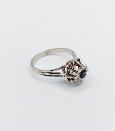 Bague 52 Bague solitaire Art déco en or blanc 18k avec saphir naturel 58 Facettes A04451