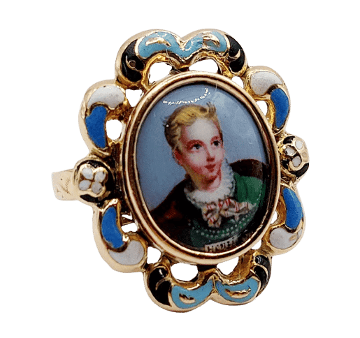Bague 50 Bague marquise victorienne en or rose 18k à miniature émaillée (vers 1880) 58 Facettes A05021