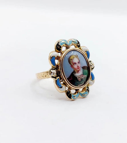 Bague 50 Bague marquise victorienne en or rose 18k à miniature émaillée (vers 1880) 58 Facettes A05021