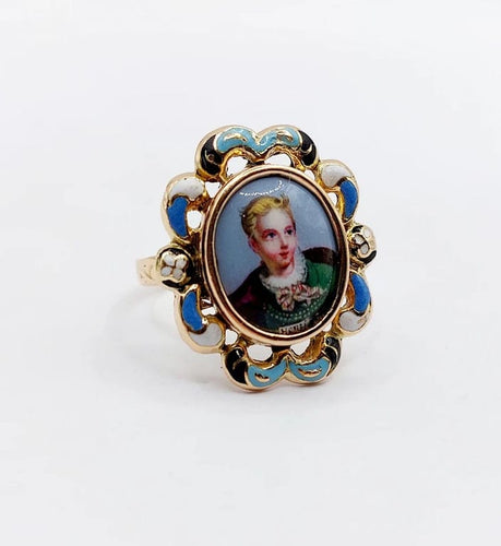 Bague 50 Bague marquise victorienne en or rose 18k à miniature émaillée (vers 1880) 58 Facettes A05021