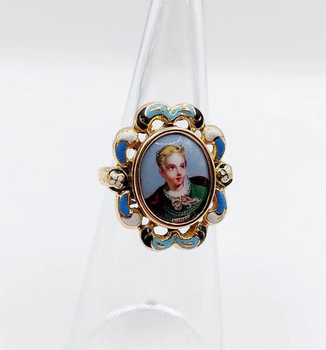 Bague 50 Bague marquise victorienne en or rose 18k à miniature émaillée (vers 1880) 58 Facettes A05021