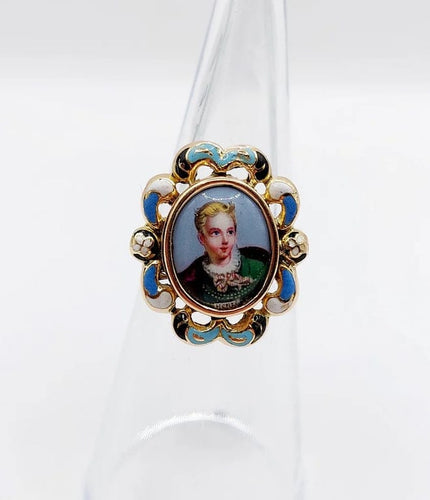 Bague 50 Bague marquise victorienne en or rose 18k à miniature émaillée (vers 1880) 58 Facettes A05021