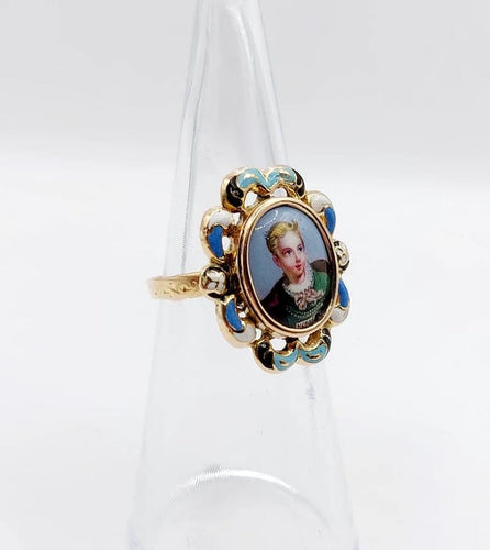 Bague 50 Bague marquise victorienne en or rose 18k à miniature émaillée (vers 1880) 58 Facettes A05021