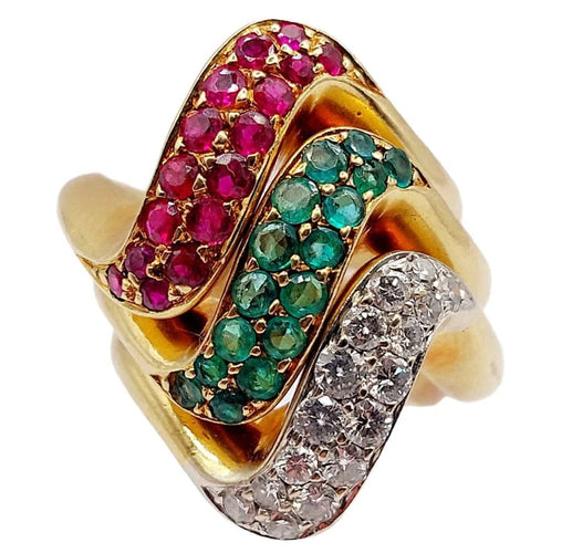 Bague 49 Trilogie - Bagues jonc vintage en or 18k avec diamants, émeraude et rubis 58 Facettes A04056-7-8