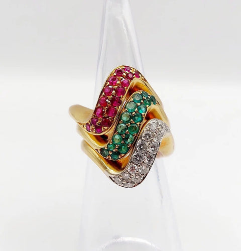 Bague 49 Trilogie - Bagues jonc vintage en or 18k avec diamants, émeraude et rubis 58 Facettes A04056-7-8