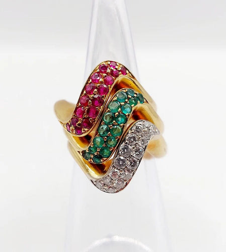 Bague 49 Trilogie - Bagues jonc vintage en or 18k avec diamants, émeraude et rubis 58 Facettes A04056-7-8