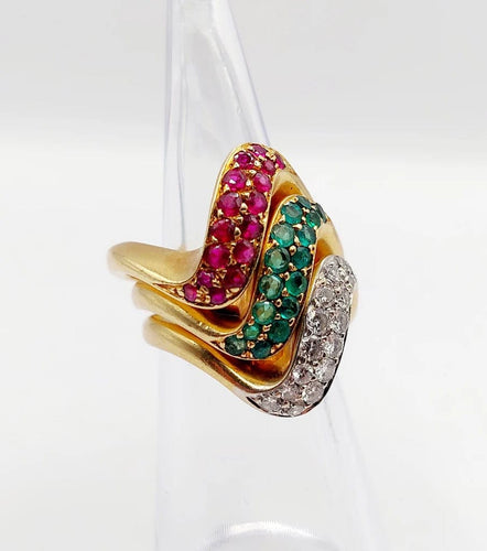 Bague 49 Trilogie - Bagues jonc vintage en or 18k avec diamants, émeraude et rubis 58 Facettes A04056-7-8