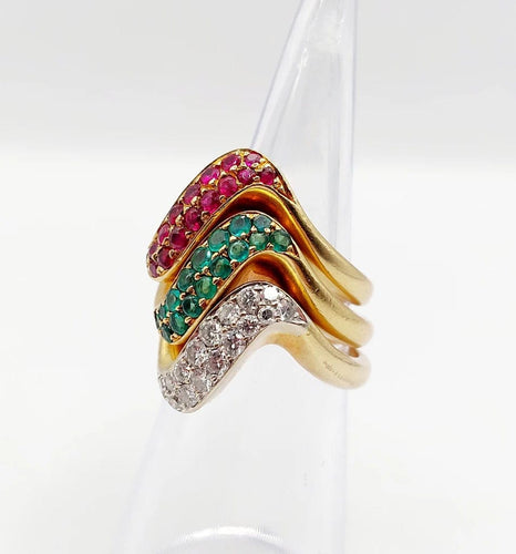 Bague 49 Trilogie - Bagues jonc vintage en or 18k avec diamants, émeraude et rubis 58 Facettes A04056-7-8