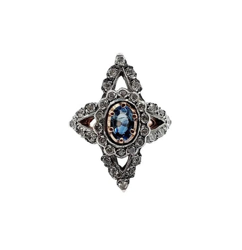 Bague 50 Bague marquise victorienne en or rose 18k et argent, saphir et diamants 58 Facettes A01237