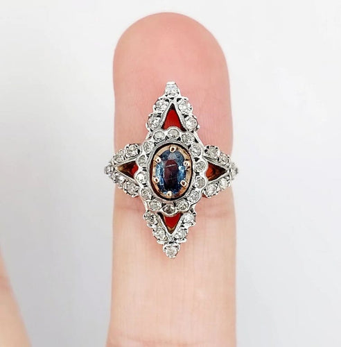 Bague 50 Bague marquise victorienne en or rose 18k et argent, saphir et diamants 58 Facettes A01237