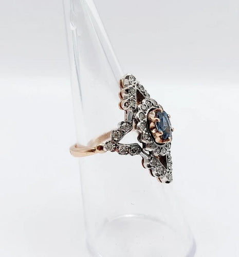 Bague 50 Bague marquise victorienne en or rose 18k et argent, saphir et diamants 58 Facettes A01237