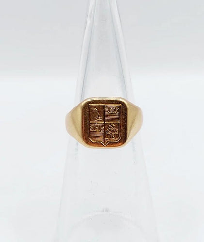 Bague 48 Chevalière antique - Bague chevalière en or jaune 18k aux armoiries françaises 58 Facettes A03321