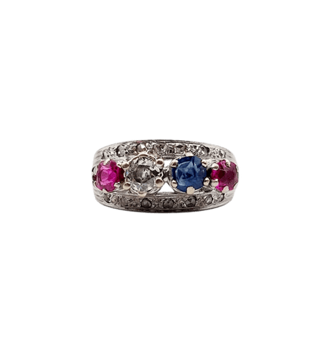 Bague 51 Bague jarretière Art déco en or blanc 18k, diamants, saphir et rubis 58 Facettes A03240