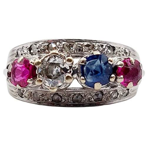 Bague 51 Bague jarretière Art déco en or blanc 18k, diamants, saphir et rubis 58 Facettes A03240